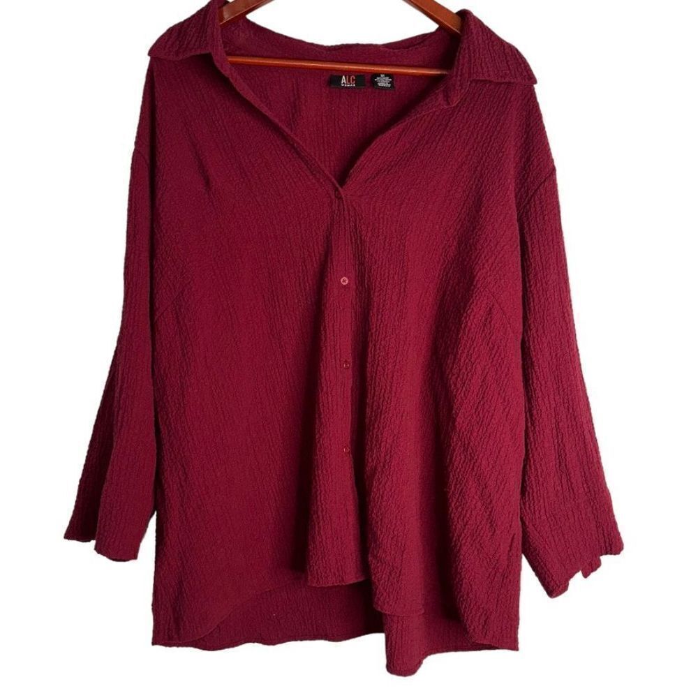 ALC Womens 3X Solid Burgandy Gauzy Boho Lagenlook Button Front‎ Relaxed Blouse